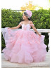 Off Shoulder Pink Beaded Lace Layered Tulle Flower Girl Dress